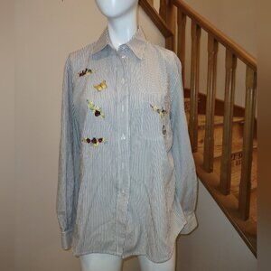 ALIA pinstripe butterfly and ladybug embroidered button down shirt